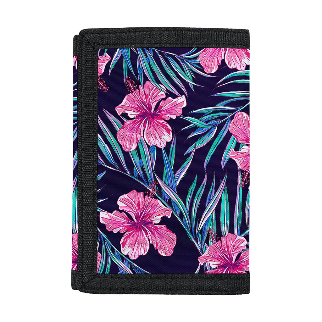 Teal Tropical Hibiscus Pattern Print Trifold Wallet