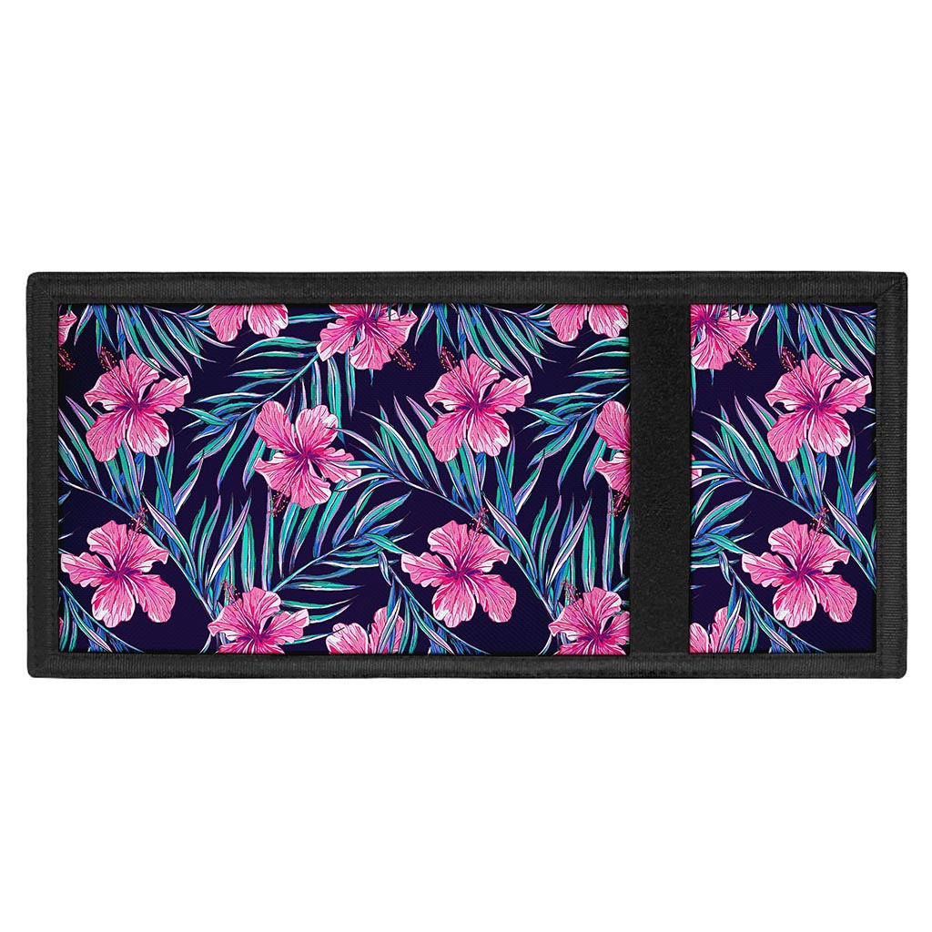 Teal Tropical Hibiscus Pattern Print Trifold Wallet