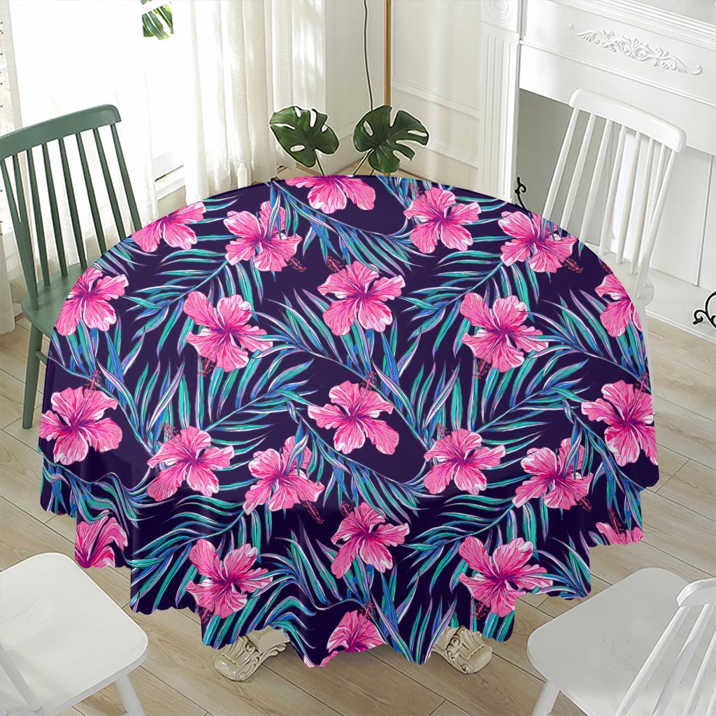 Teal Tropical Hibiscus Pattern Print Waterproof Round Tablecloth