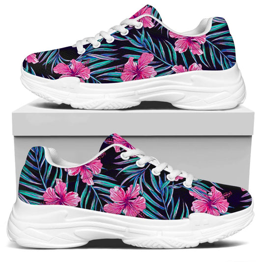 Teal Tropical Hibiscus Pattern Print White Chunky Shoes