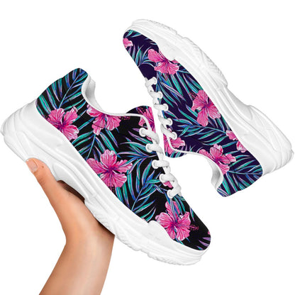 Teal Tropical Hibiscus Pattern Print White Chunky Shoes