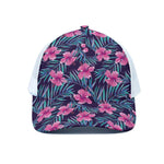 Teal Tropical Hibiscus Pattern Print White Mesh Trucker Cap