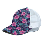 Teal Tropical Hibiscus Pattern Print White Mesh Trucker Cap