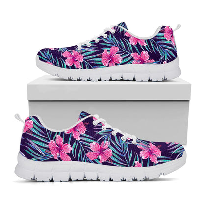 Teal Tropical Hibiscus Pattern Print White Running Shoes
