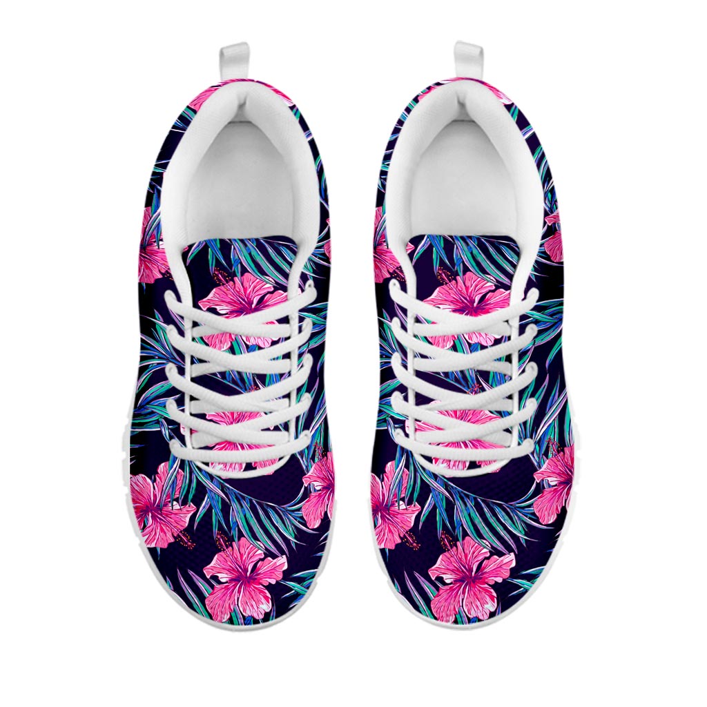 Teal Tropical Hibiscus Pattern Print White Running Shoes