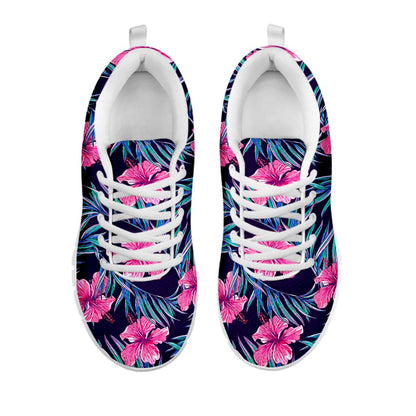Teal Tropical Hibiscus Pattern Print White Running Shoes