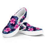 Teal Tropical Hibiscus Pattern Print White Slip On Sneakers