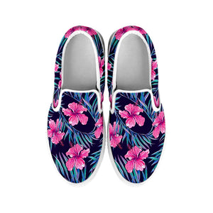 Teal Tropical Hibiscus Pattern Print White Slip On Sneakers