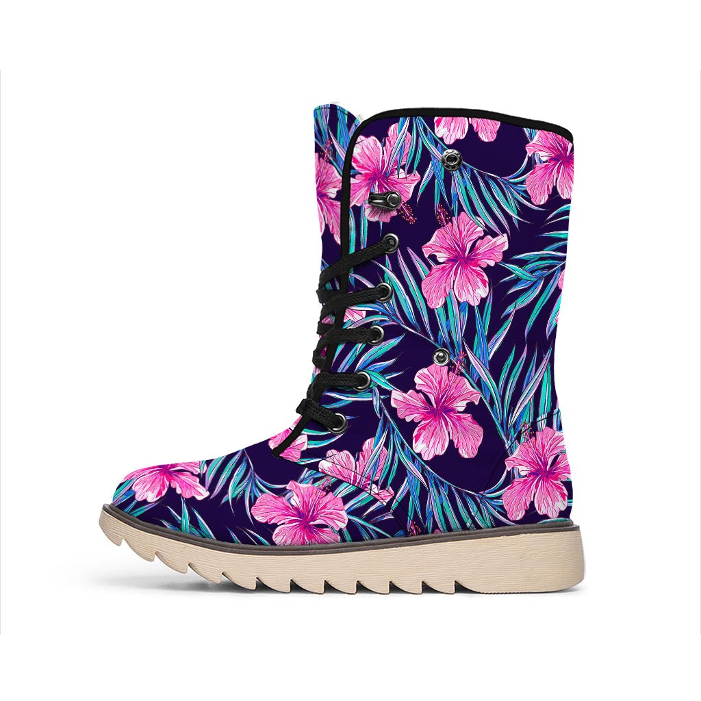 Teal Tropical Hibiscus Pattern Print Winter Boots