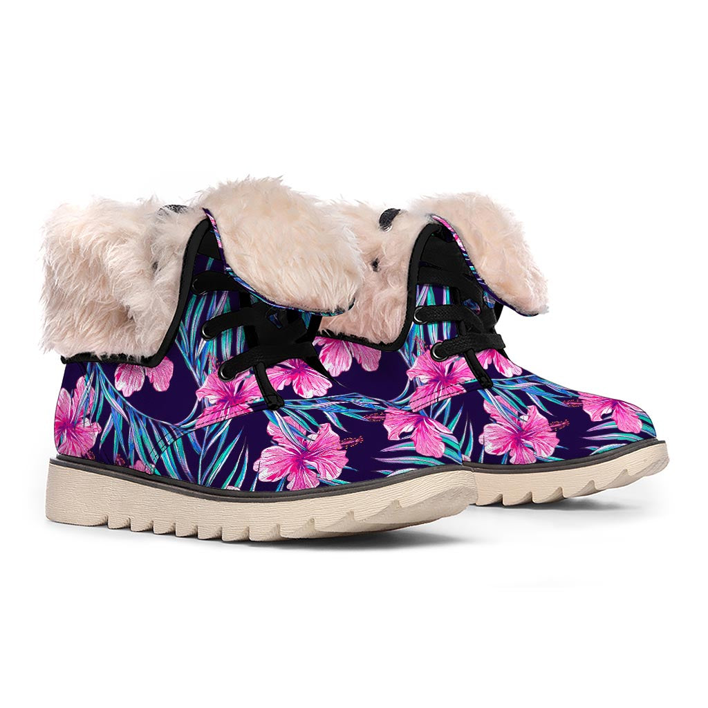 Teal Tropical Hibiscus Pattern Print Winter Boots