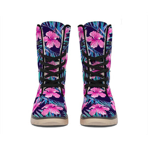 Teal Tropical Hibiscus Pattern Print Winter Boots