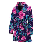 Teal Tropical Hibiscus Pattern Print Women's Bathrobe
