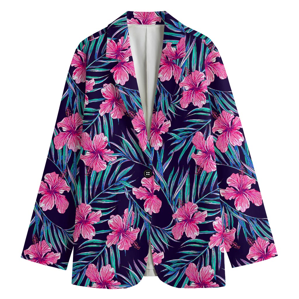 Teal Tropical Hibiscus Pattern Print Women's Blazer