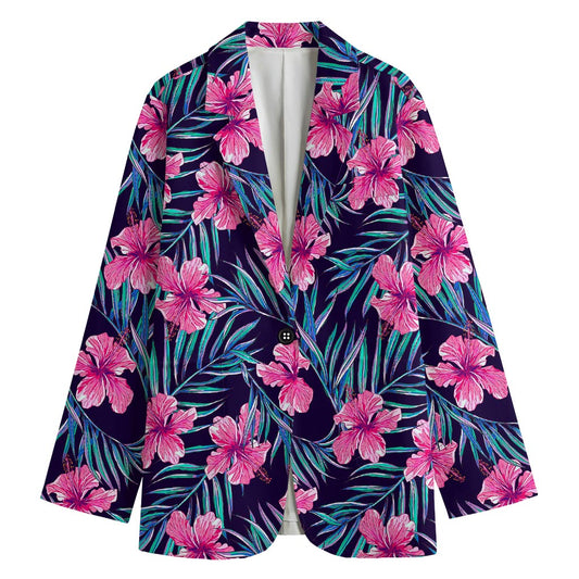 Teal Tropical Hibiscus Pattern Print Women's Blazer