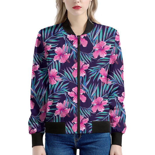 Teal Tropical Hibiscus Pattern Print Women's Bomber Jacket