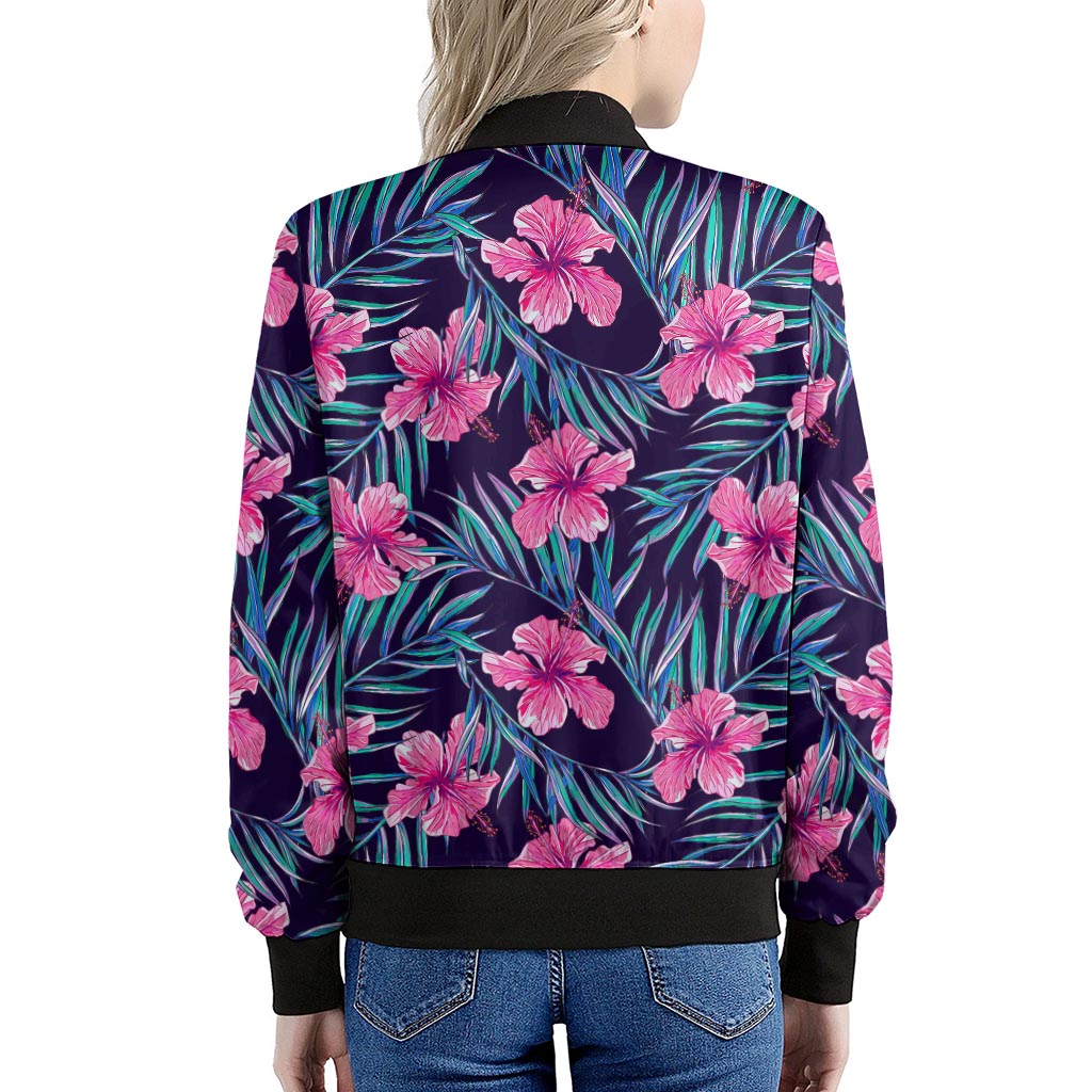 Teal Tropical Hibiscus Pattern Print Women's Bomber Jacket