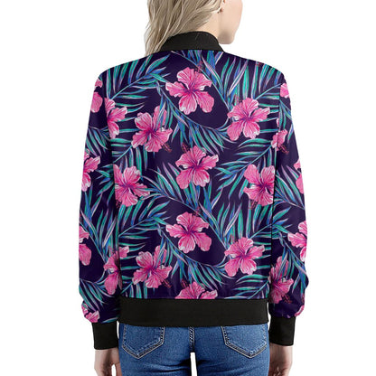 Teal Tropical Hibiscus Pattern Print Women's Bomber Jacket