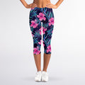 Teal Tropical Hibiscus Pattern Print Women's Capri Leggings