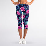 Teal Tropical Hibiscus Pattern Print Women's Capri Leggings