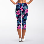 Teal Tropical Hibiscus Pattern Print Women's Capri Leggings