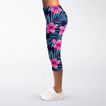 Teal Tropical Hibiscus Pattern Print Women's Capri Leggings