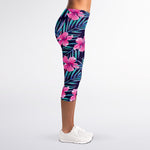 Teal Tropical Hibiscus Pattern Print Women's Capri Leggings