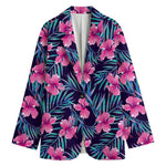 Teal Tropical Hibiscus Pattern Print Women's Cotton Blazer