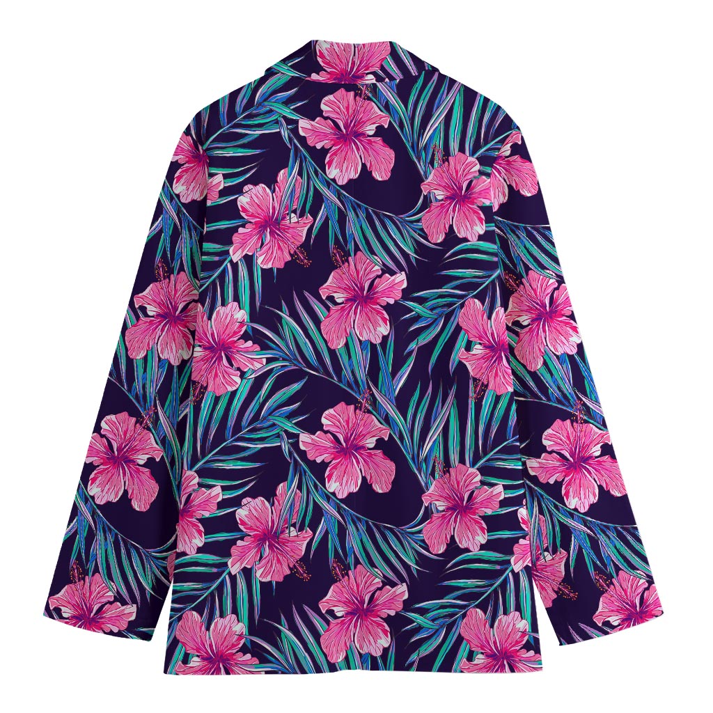 Teal Tropical Hibiscus Pattern Print Women's Cotton Blazer