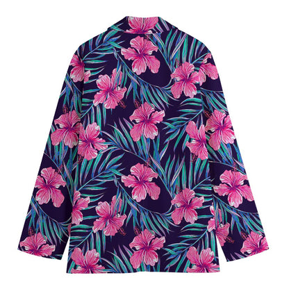 Teal Tropical Hibiscus Pattern Print Women's Cotton Blazer