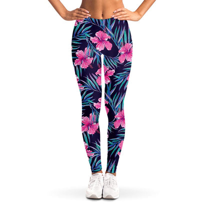 Teal Tropical Hibiscus Pattern Print Women's Leggings