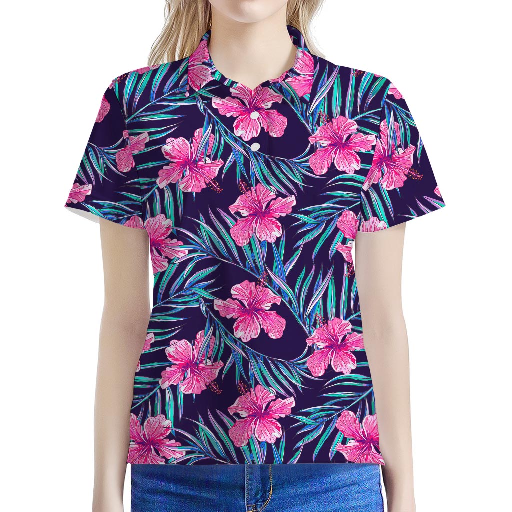 Teal Tropical Hibiscus Pattern Print Women's Polo Shirt