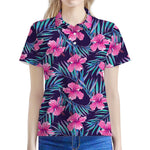 Teal Tropical Hibiscus Pattern Print Women's Polo Shirt