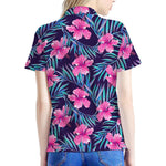 Teal Tropical Hibiscus Pattern Print Women's Polo Shirt