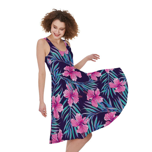 Teal Tropical Hibiscus Pattern Print Women's Sleeveless Dress