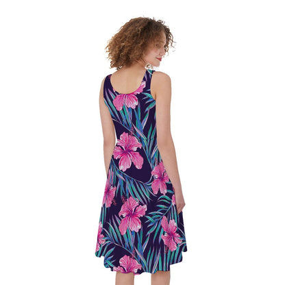 Teal Tropical Hibiscus Pattern Print Women's Sleeveless Dress