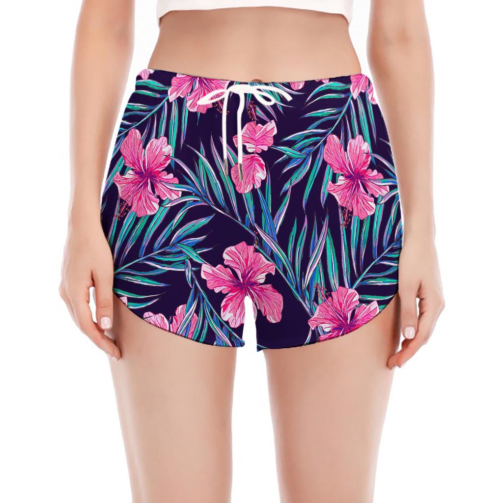 Teal Tropical Hibiscus Pattern Print Women's Split Running Shorts