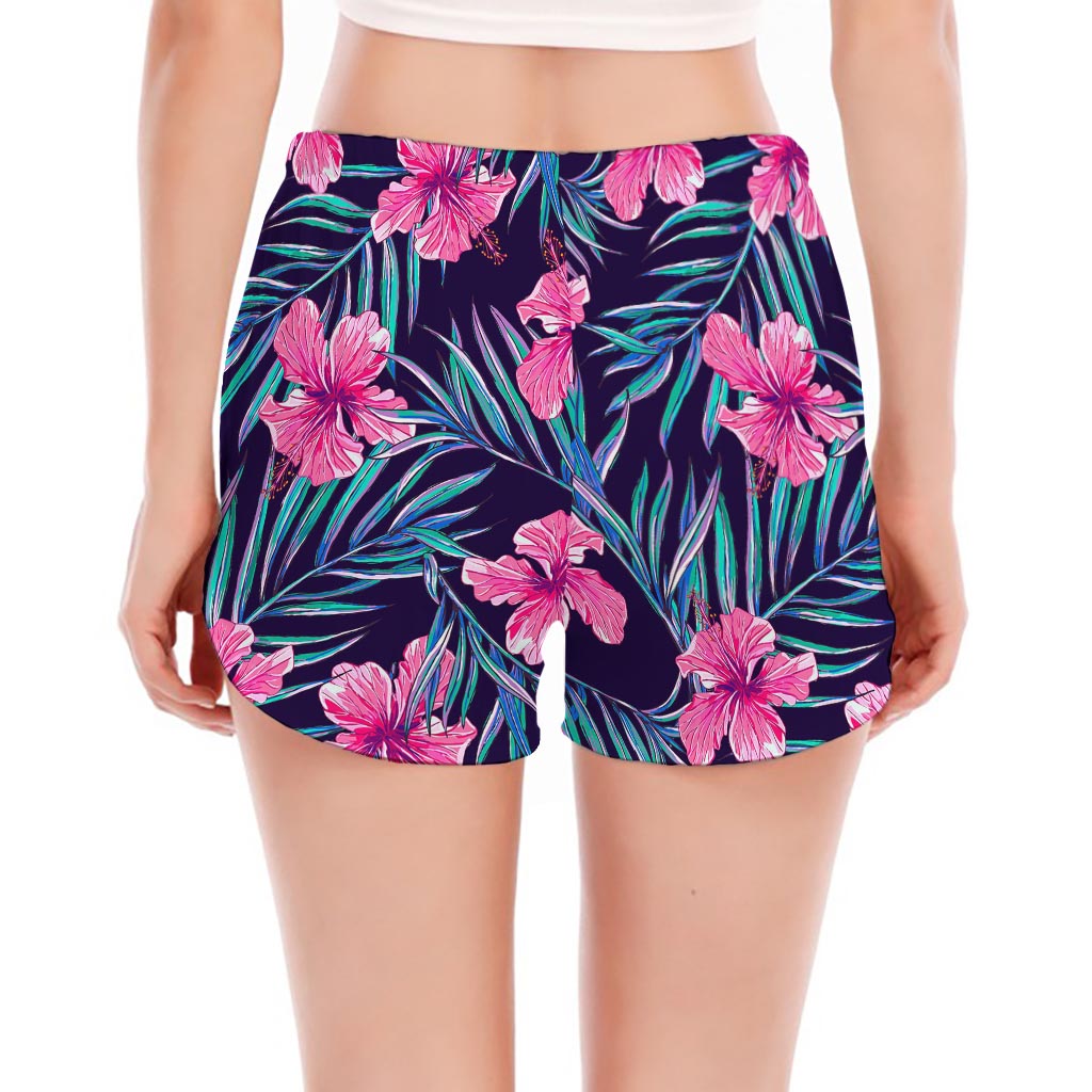 Teal Tropical Hibiscus Pattern Print Women's Split Running Shorts