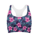Teal Tropical Hibiscus Pattern Print Women's Sports Bra