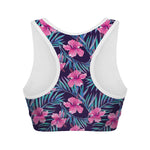 Teal Tropical Hibiscus Pattern Print Women's Sports Bra