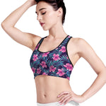 Teal Tropical Hibiscus Pattern Print Women's Sports Bra