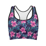Teal Tropical Hibiscus Pattern Print Women's Sports Bra