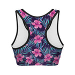 Teal Tropical Hibiscus Pattern Print Women's Sports Bra