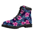 Teal Tropical Hibiscus Pattern Print Padded Collar Lace Up Boots