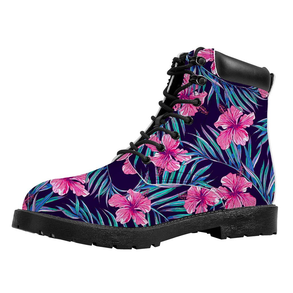 Teal Tropical Hibiscus Pattern Print Work Boots