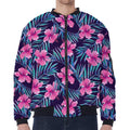 Teal Tropical Hibiscus Pattern Print Zip Sleeve Bomber Jacket