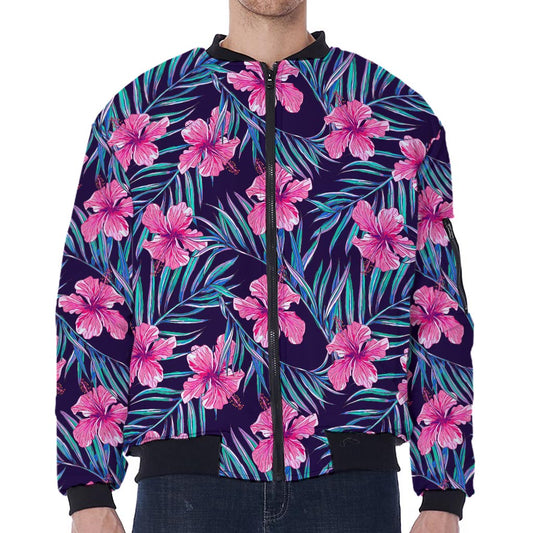 Teal Tropical Hibiscus Pattern Print Zip Sleeve Bomber Jacket
