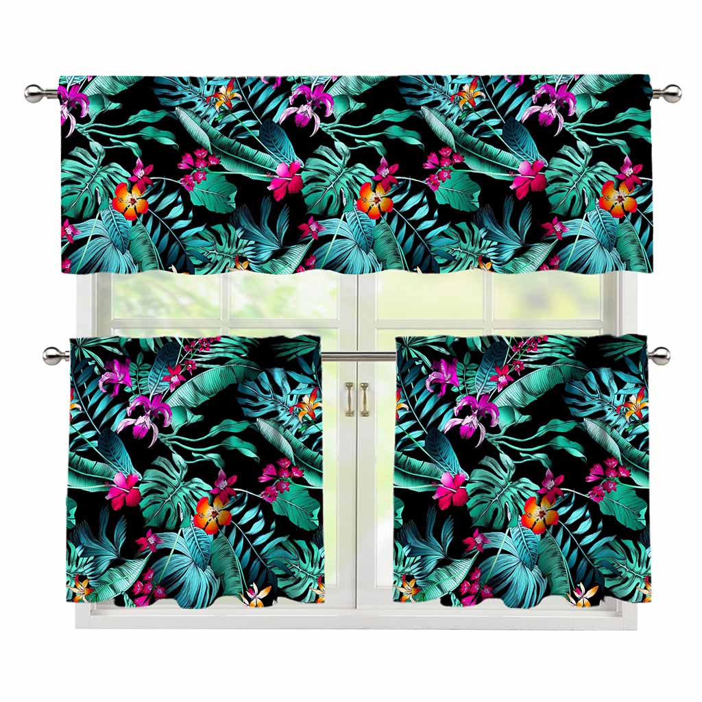 Teal Tropical Leaf Hawaii Pattern Print 3 Piece Kitchen Curtains