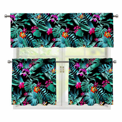 Teal Tropical Leaf Hawaii Pattern Print 3 Piece Kitchen Curtains