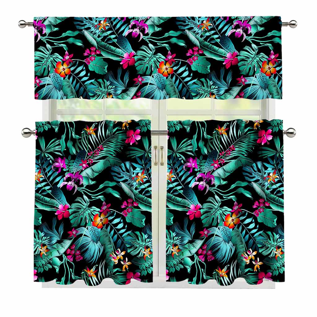 Teal Tropical Leaf Hawaii Pattern Print 3 Piece Kitchen Curtains