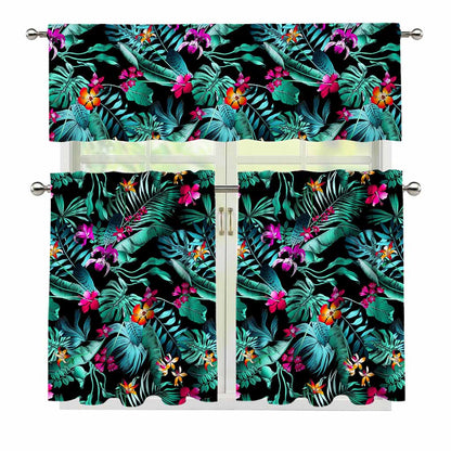 Teal Tropical Leaf Hawaii Pattern Print 3 Piece Kitchen Curtains